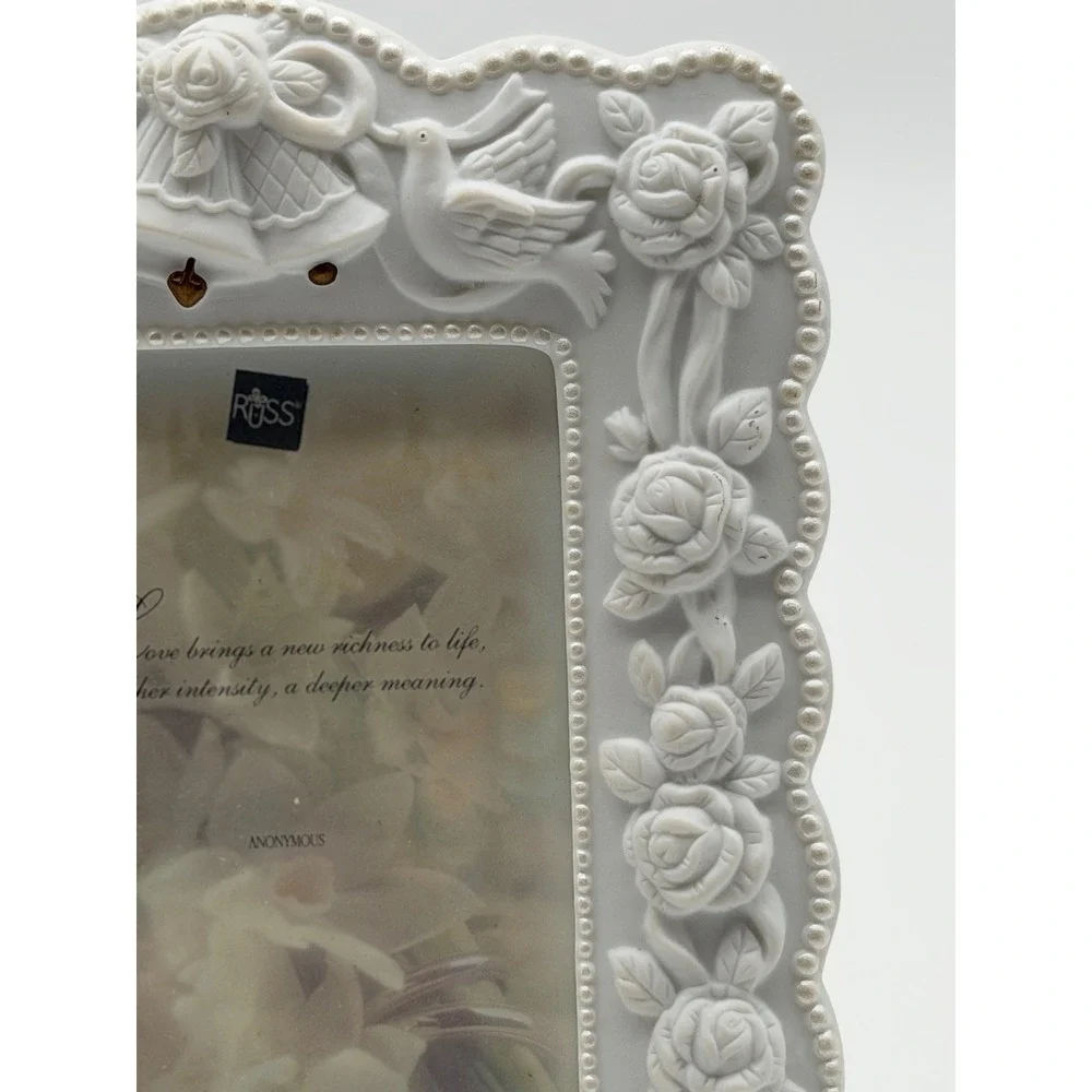Vintage Russ Berrie White Porcelain Wedding Frame Roses Doves Cross 3.5x5 14389